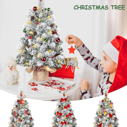 DDHS Artificial Tabletop Christmas Tree,2ft Small Christmas Tree with Ornaments Balls Pine Cones Berries, and 30 Lights Snow Tree, Pre Lit Xmas Tree for Table Home Christmas Party Decor
