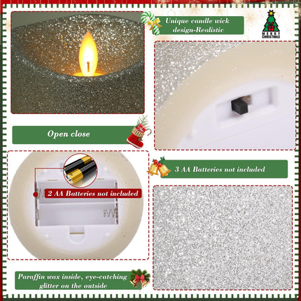 Retisee 2 Pcs Glitter Flameless Candles, 3.5'' x 5'' Realistic Artificial Metallic Flame LED Candles Battery Operated Candle with Remote for Christmas, Wedding, Birthday, Anniversary(Sliver)