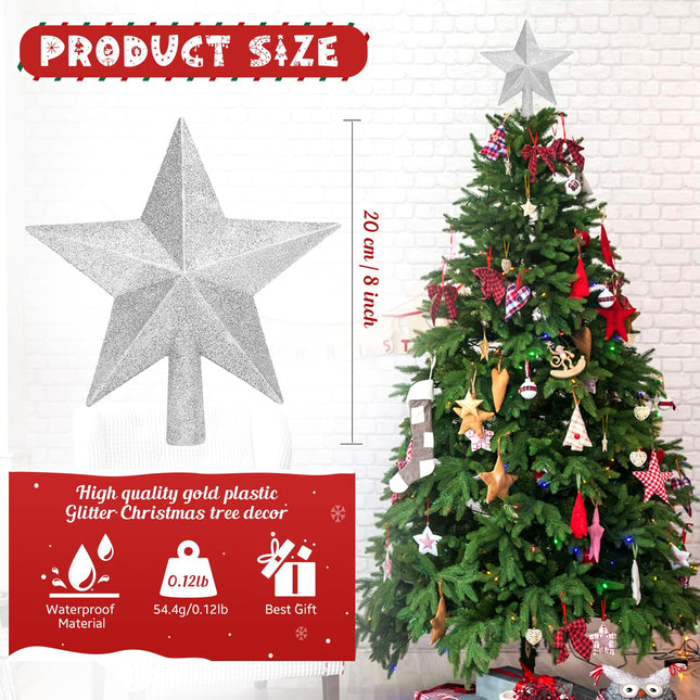 Glitter Christmas Star Tree Topper for Holiday Decorations, Christmas Tree Decoration for Holiday Ornament and Home Decor, Shatterproof Tree Toppers for Party Indoor ＆ Outdoor-Siver 8 inch