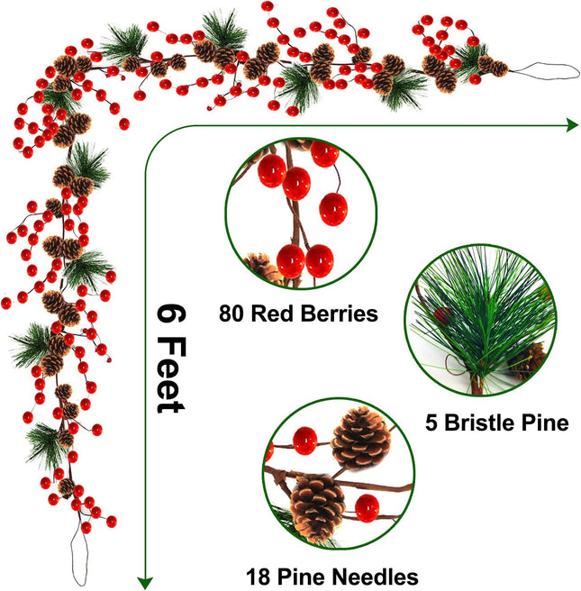 TURNMEON 6 FT Christmas Garland Christmas Decorations Red Berries Garlands Pine Cones Bristle Pine Garlands Realistic Christmas Garlands for Mantle Fireplace Xmas Garlands Home Decor Indoor Outdoor