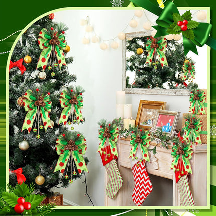 Waydress 4 Pcs Red Green Christmas Bows Decoration 8.66 Inch Large Glitter Dot Christmas Bows with Pine Cones Red Green Ribbons Elf Ornaments for Wreaths Garland Christmas Tree Party(Red Green)
