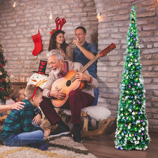 Barydat 5ft Pop up Christmas Tree with Lights Collapsible Tinsel Trees Reusable Pull up Christmas Tree with Snowflakes Sequins Slim Pencil Tree for Christmas Party Holiday Fireplace Home(Green)