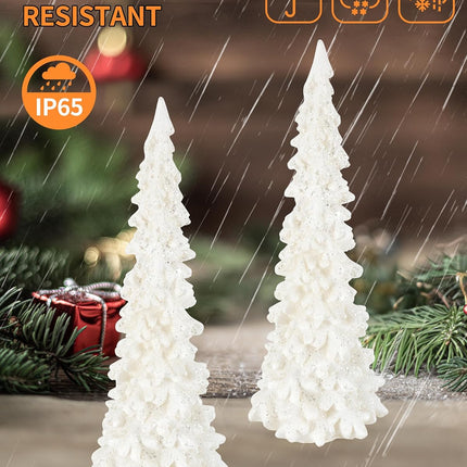 iStatue Tabletop Christmas Tree Decoration 8.3'' Tall - Set of 2 Mini White Resin LED Trees with Intricate Details Figurines - Indoor Holiday Light Decor and Xmas (Trees)