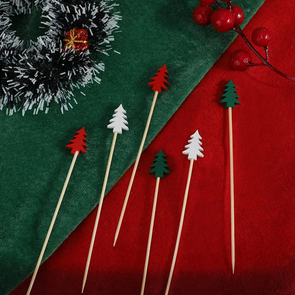 OOTSR Pack of 100 Wooden Christmas Tree Shape Cocktail Picks, Cocktail Picks 5.2 Inch Sandwich Fruit Sticks Pearl Bamboo Toothpicks for Party Appetizer Supplies Decorative