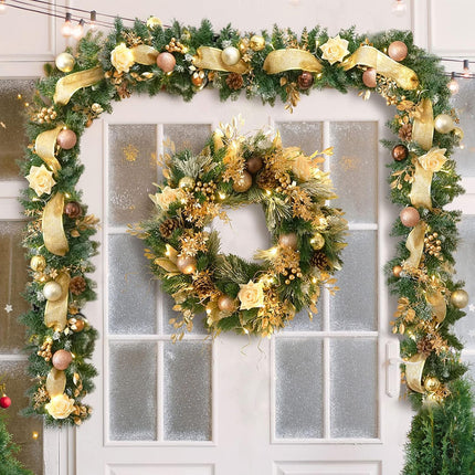 9FT Christmas Garland with Lights (Pre-Lit), Soomeir Artificial Christmas Decorations Decor, Champagne, Pine Cones, Ribbon, 80 Lights with Timer, for Indoor Outdoor Xmas Snow (Gold)