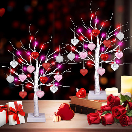 [Timer] 2 Pack 24 Inch Valentines Day Decor Tree with 24 Red Pink LED Lights and Heart Ornaments, USB/Battery Operated Valentines Decoration Tree Light, Valentines Day Decorations Home Table Bedroom