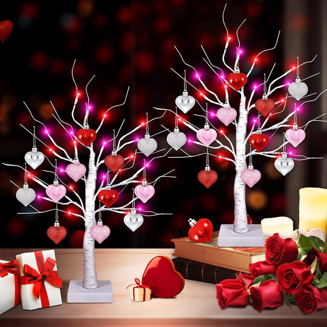 [Timer] 2 Pack 24 Inch Valentines Day Decor Tree with 24 Red Pink LED Lights and Heart Ornaments, USB/Battery Operated Valentines Decoration Tree Light, Valentines Day Decorations Home Table Bedroom