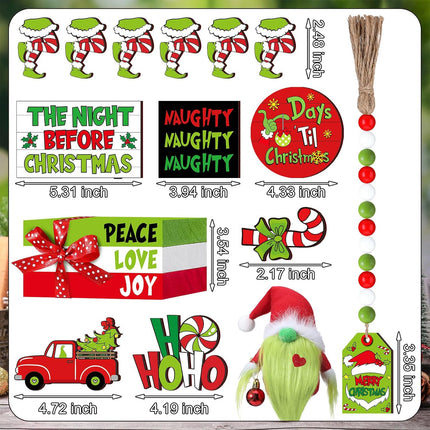 18 Pcs Christmas Tiered Tray Decor Set Lime Green Red Gnome Plush Christmas Wooden Sign Bead Garland Christmas Centerpiece Table Xmas Decorations for Home Farmhouse Holiday Table Indoor Decor
