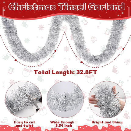 Christmas Tinsel Garland, 32.8 FT Shiny Silver Tinsel Garland Christmas Decorations, Christmas Tree Garland Metallic Twisted Hanging Christmas Garland for Xmas Tree Home Party Indoor Outdoor Decor