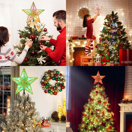 Christmas Star Tree Topper, RGB 9In Glittered Star Tree Topper Light with 10 LED Lights, Hollow Designed with USB Plug for Indoor Year Holiday Tree Decoration