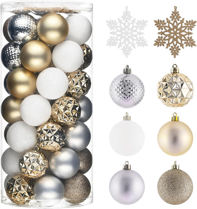 Valery Madelyn Christmas Tree Decorations Ornament Set for Fall Halloween Decor, 50ct White and Gold Shatterproof Christmas Ball Ornaments Bulk, 2.36 Inches Hanging Decor for Xmas Holiday Party
