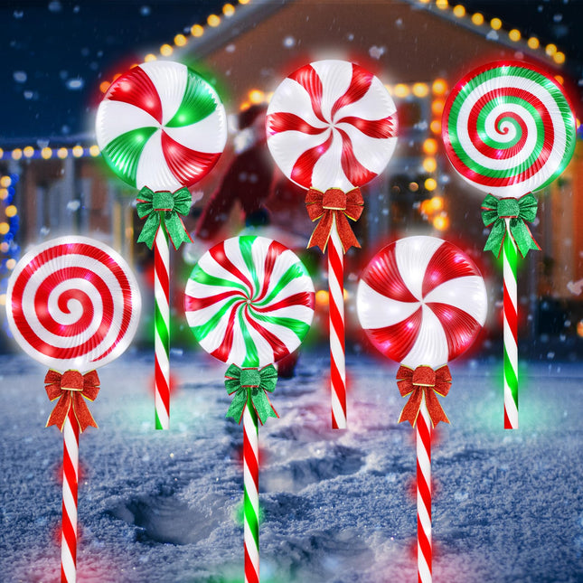 Lollipop Christmas Pathway Lights Outdoor, 28 Inch 8 Light Modes Pathway Christmas Lights with Bow, Waterpoor Outdoor Candy Cane Pathway Lights, Xmas Decoration for Walkway, Yard(6PCS-Multicolor)