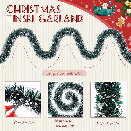 Poen 100 ft Christmas Tinsel Garland Xmas Tree Garland Decorations Metallic Tinsel Glitter Twist Garland for Indoor Outdoor Wedding Carnival Holiday Party Supplies(Dark Green, Black)
