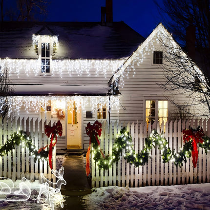300 LED Christmas Icicle Lights Outdoor, 8-Mode Solar Icicle Lights Led Fairy Curtain Lights for Wedding Party Holiday Christmas Decorations(White)