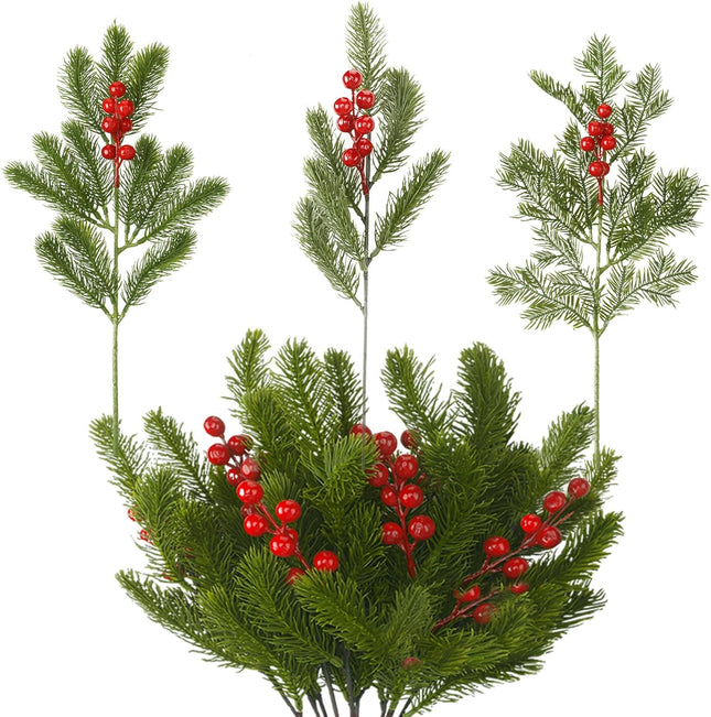 Ceenna 34 Pcs 16 Inch Christmas Red Berry Picks Artificial Pine Needle Branches Christmas Evergreen Wreath Greenery Stems Holly Berry Branches Xmas Winter Berries Spray for Floral Arrangement Crafts