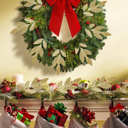 KIMOBER 20PCS Christmas Artificial Leaves,Glitter Golden Fake Floral Spray Picks Branches Twig for Xmas Tree Wreath Wedding Bouquet Decoration