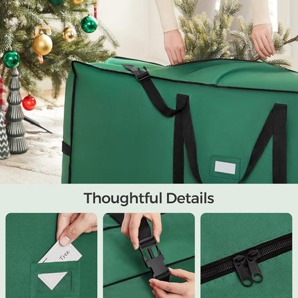 SONGMICS Christmas Tree Storage Bag with 1.6-Inch Wheels, Rolling Storage Bag, up to 9 ft, For Disassembled Holiday Tree, Length-Adjustable Handles, 600D Oxford Fabric, Forest Green URXS004C01