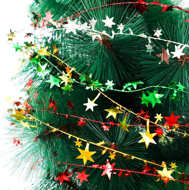 Boao 4 Rolls Christmas Star Wired Garland Xmas Metallic Glitter Star Tinsel Silver Golden Green Red Tinsel Garlands Christmas Tree Party Decorations, 98.4ft
