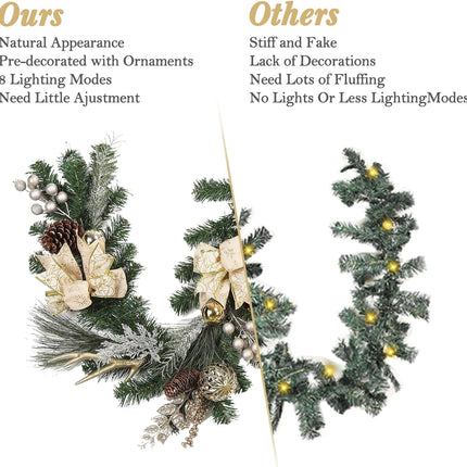 GAOMON Prelit Christmas Garland with 20 Lights, Outdoor Christmas Garland with Gold Christmas Balls Pine Cones Antlers for Fireplace Mantel Porch Indoor Home Holiday Decorations