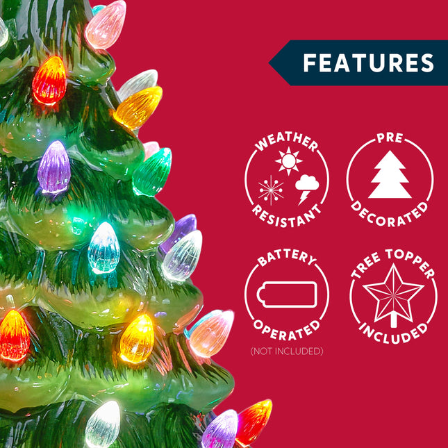 Joiedomi 12" Ceramic Christmas Tree, Table Top Christmas Tree with Flower Leaf, Vintage Pre-lit Xmas Tree with Multicolored LED Lights, Battery Operated Hand-Painted Christmas Decorations Indoor Home