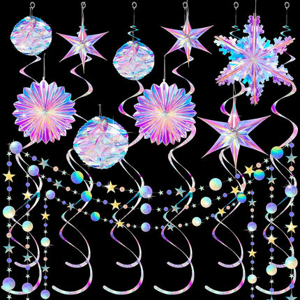 Jerify 37 Pieces Home Iridescent Holographic Garland Iridescent Party Supplies Kit Christmas Snowflake Hanging Honeycomb Ball Decorative Christmas Paper Fan Snowflake Garlands Star Hanging Swirl Disco