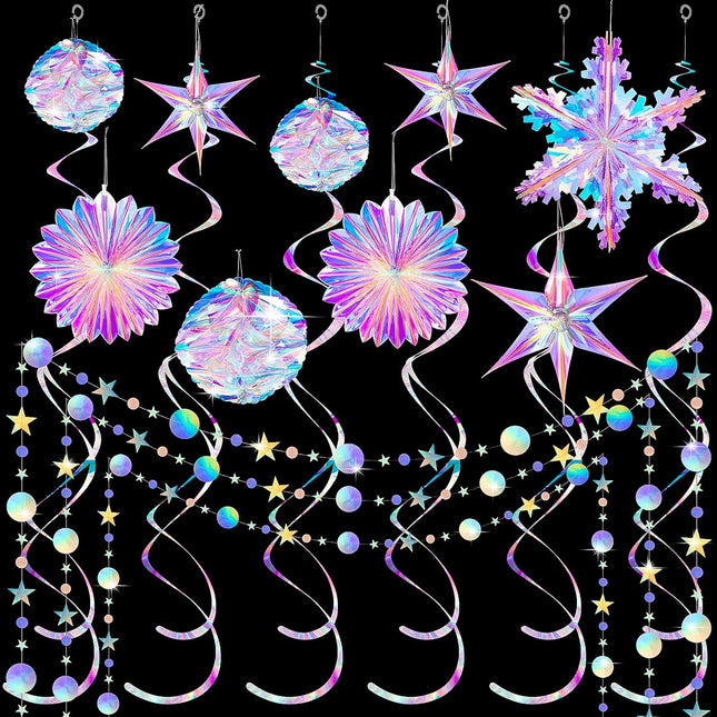 Jerify 37 Pieces Home Iridescent Holographic Garland Iridescent Party Supplies Kit Christmas Snowflake Hanging Honeycomb Ball Decorative Christmas Paper Fan Snowflake Garlands Star Hanging Swirl Disco