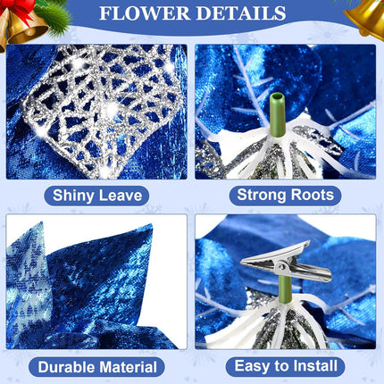 30 Pieces 8 Inches Large Christmas Artificial Poinsettia Flower Christmas Tree Glitter Faux Flowers Floral Wreath Garland Xmas Tree Ornaments for Wedding Holiday Wreath DIY (Blue)