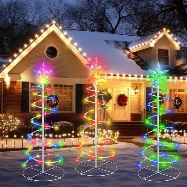 VIHOSE 3 Pcs LED Spiral Christmas Trees Outdoor Light up Xmas Tree Collapsible Multicolor Smart LED Lighted Mode Christmas Tree with Star Topper for Christmas Outside Yard Porch Home (3ft)