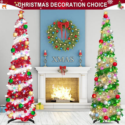 Fake Christmas Tree Christmas Decor - 5 Ft Tall Skinny Christmas Tree Collapsible with Timer 50 Lights 10 Balls, Tinsel Red Christmas Tree Christmas Decor for Home Bedroom Fireplace(Red White)