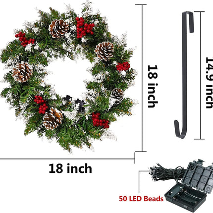 Christmas Wreath Outdoor,18 inch Christmas Wreath, Prelit Christmas Wreath with Lights, Small Artificial Xmas Wreath ,Winter Snowflake Christmas Wreath for Door Hanging Christmas Decoration