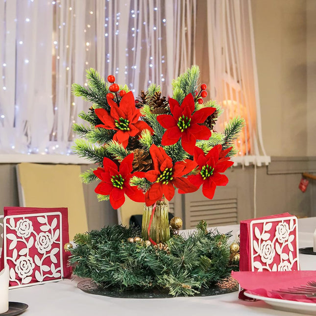 Uieke 4 PCS Artificial Christmas Picks Pine Branches with Red Berry Stems, 13.6'' Poinsettia Christmas Tree Picks Faux Evergreen Sprigs for Home DIY Wreath Craft Winter Festive Decor