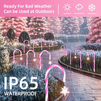 12 Pack Pink Christmas Candy Cane Lights: 21 inch 8 Lighting Modes Lawn Stakes Pathway Light Outdoor - 28 inch Extra Large Pitch, Waterproof for Walkway Markers Yard Xmas Decorations (Pink & White)