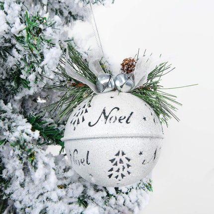 DearHouse 6 Pcs Big Christmas Jingle Bells, 3.4 Inch White Glitter Christmas Metal Sleigh Bells Rustic Craft Bells for Christmas Tree Wreath Garland Ornaments Holiday DIY Decorations
