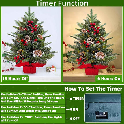 24 Inch Tabletop Christmas Tree,Realistic-Feel PE Norfolk Pine Frosted Mini Small Christmas Tree with Timer 30 LED Warm Lights Red Berry Pincone Cloth Base Cedar Artificial Xmas Tree Home Indoor Table
