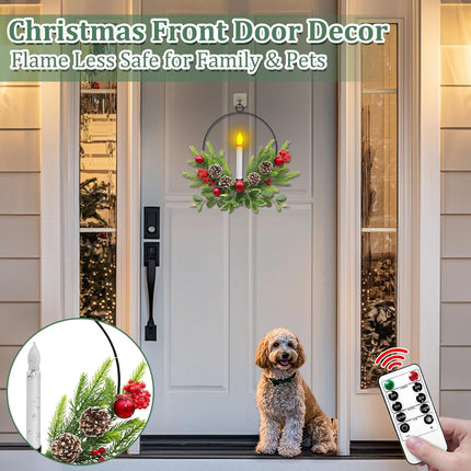 TURNMEON 15 Inch Christmas Front Door Wreaths with LED Candles & Timer Remote, Xmas Wreath with Xmas Ball Pinecone Red Berry Battery Operated Light up Christmas Window Mantel Holiday Home Decorations