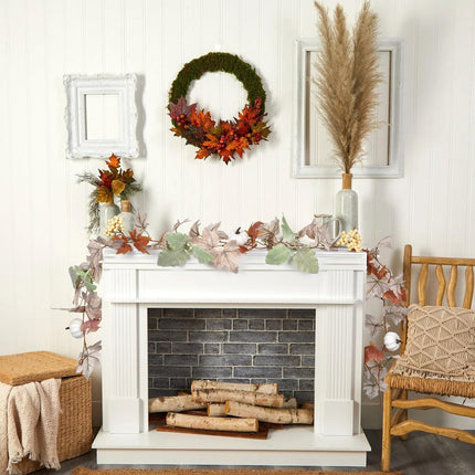 Artiflr 2 Pack Fall Garland Maple Leaf, Hanging Vine Garland Artificial Autumn Foliage Garland with White Pumpkins Thanksgiving Decor for Home Fireplace Party Christmas (White - 2 Pack)