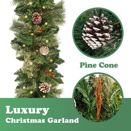 9 FT Prelit Christmas Garland with Pine Cones, Artificial Snowy Pine Garland for Christmas 50 Battery Operated Warm Lights and Timer Xmas Garlands Decor Indoor Outdoor