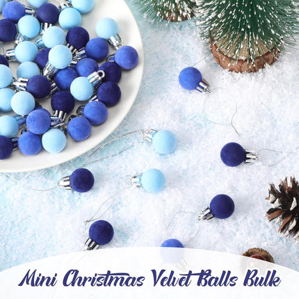 120 Pcs Mini Christmas Velvet Balls Ornaments Bulk 0.79"/20 mm Miniature Flocked Velvet Christmas Ornament Mini Christmas Tree Ball Small Bulbs for Holiday Hanging Decor(Blue)