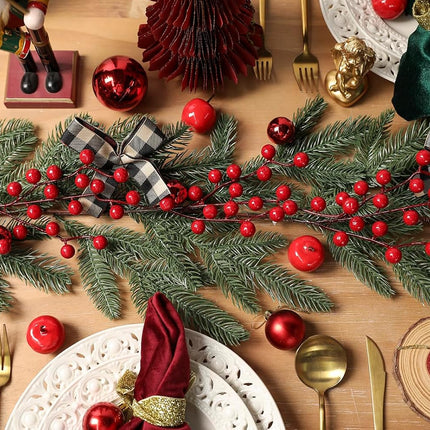 YYHUAWU 6FT Christmas Garland with Red Berries Bows Christmas Balls, Multi-Function Christmas Pine Needles Garland for Mantle Table Front Door Indoor Outdoor Christmas Holiday Decor