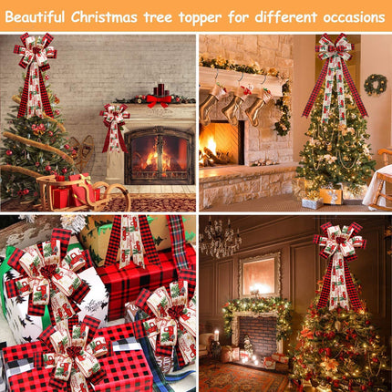 Christmas Tree Topper, 30 x 13 Inches Handmade Buffalo Plaid Decorative Bow, Red Black Christmas Bow Topper, Rustic Farmhouse Xmas Decorations Home Decor