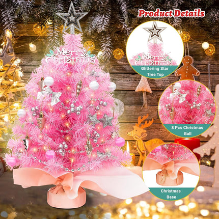 24 Inch Tabletop Mini Christmas Tree, Pre-lit Small Pink Christmas Tree with Warm Lights and Ornaments, 2 FT Artificial Tree Christmas Decorations Indoor Home