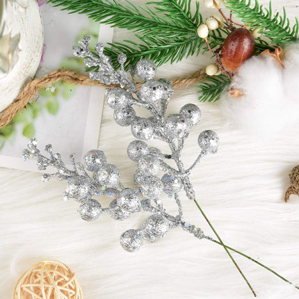DearHouse 14 Pack Christmas Glitter Berries Stems, 7.8Inch Silver Artificial Christmas Picks for Christmas Tree Ornaments, DIY Xmas Wreath, Crafts, Holiday and Home Decor
