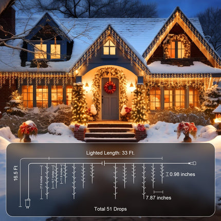 Brightown Cluster Icicle Lights Outdoor, 33FT 1020 LED Icicle Lights with 51 Drop,8 Mode, Icicle String Lights with Timer, Waterproof Firecracker Christmas Lights Outdoor House Decoration, Warm White