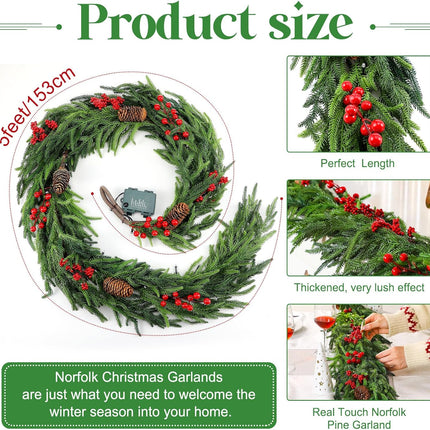60" Norfolk Pine Garland Faux Red Berries and Pine Cones Garland Pre Lit Artificial Norfolk Pine Garland with Warm White LED Lights for Xmas Holiday Wedding Party Outdoor Decorations
