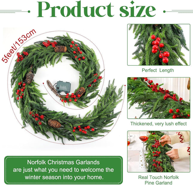 60" Norfolk Pine Garland Faux Red Berries and Pine Cones Garland Pre Lit Artificial Norfolk Pine Garland with Warm White LED Lights for Xmas Holiday Wedding Party Outdoor Decorations