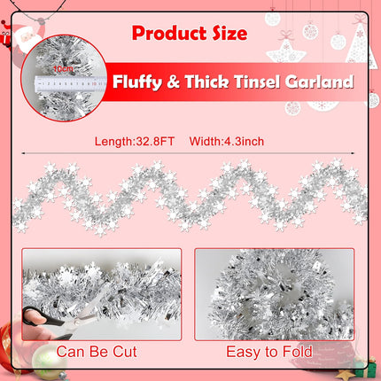 33 FT Christmas Decorations Tinsel Garland, Christmas Snowflake Garland Christmas Shiny Twist Metallic Garland Decorations for Xmas Tree Home Indoor Outdoor Holiday Christmas Party Decor