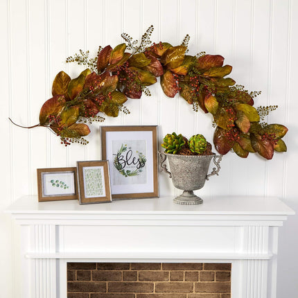 Nearly Natural 6ft. Autumn Magnolia Leaf and Berries Artificial Garland