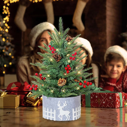 Pre-lit Tabletop Artificial Mini PE Christmas Tree - 21" Little Xmas Tree with LED Lights and Fence Base for Home Office Holiday DIY Décor