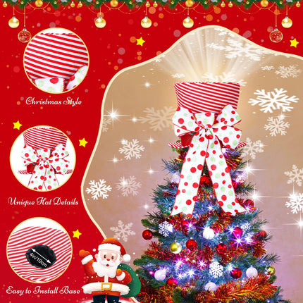 Christmas Tree Topper Hat Lighted with Snowflake Projector, White Bow with Red and Green Extended Ribbon Top Hat for Xmas Tree Decoration Festive Ideas Supplies