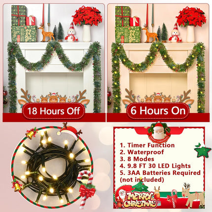 Christmas Garland Decorations-14.7 FT Christmas Garland with Lights, Fluffy Soft Tinsel Lighted Green Garland for Mantle, Christmas Tree Greenery Garland Decor Outdoor Indoor
